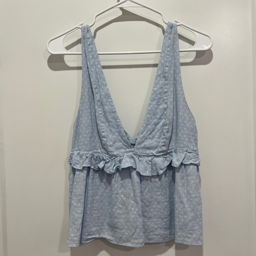 Urban Outfitters Blue Floral Ruffle V-Neck Sleeveless Peplum Tank Top Medium